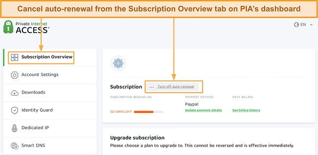 Screenshot of how to cancel auto-renewal on PIA's client dashboard