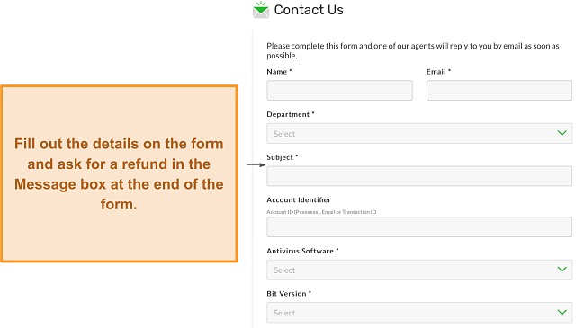 Screenshot of PIA's contact form and how to fill it out