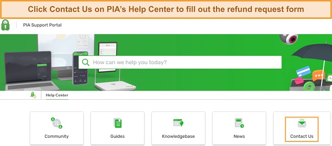 Screenshot of how to fill out the refund request contact form from PIA's client dashboard