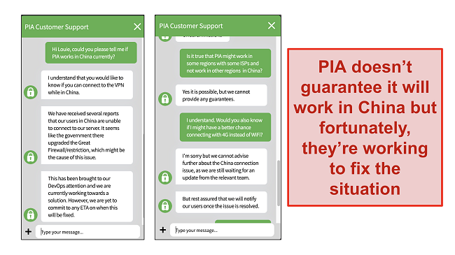 Screenshot of live chat with PIA's support confirming it's not guaranteed to work in China