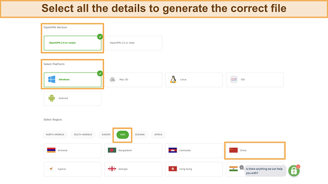 Screenshot of PIA's app showing OpenVPN Connect generator page