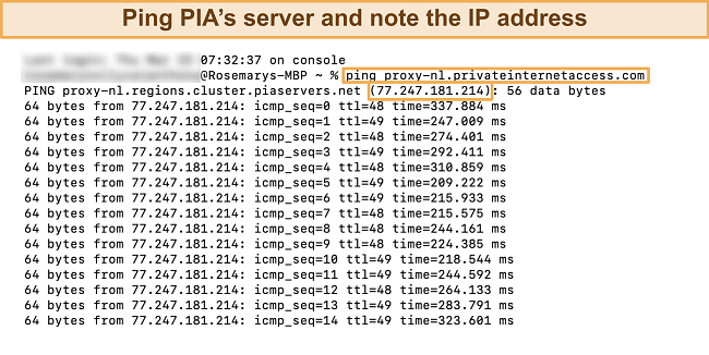 Screenshot of using command to get PIA's proxy server IP address