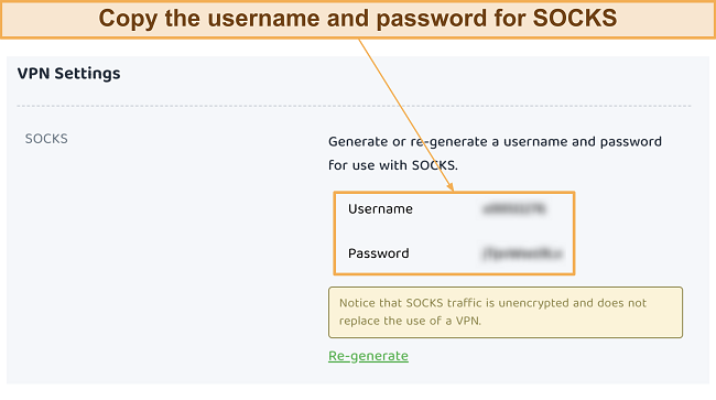 Screenshot of SOCKS username and password in PIA account