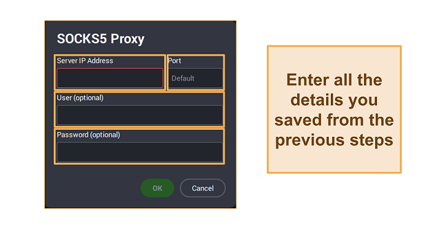 Screenshot of pop up window on PIA app to enter details to access SOCKS5 proxy server