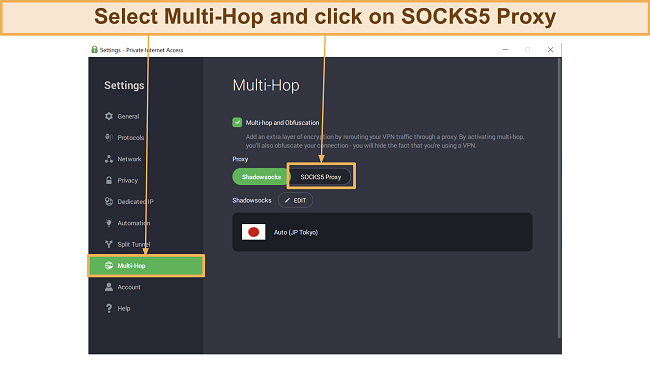 Screenshot of PIA app showing multi-hop panel