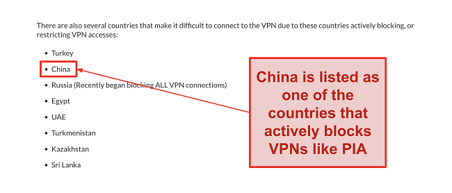 Screenshot of PIA's website listing China as one of the countries where it's difficult to use the VPN