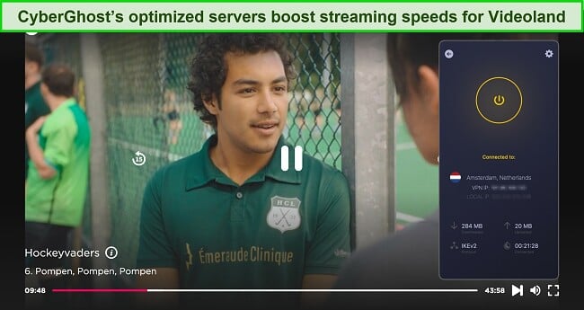Screenshot of Hockeyvaders playing on Videoland while CyberGhost is connected to a server in Amsterdam, Netherlands