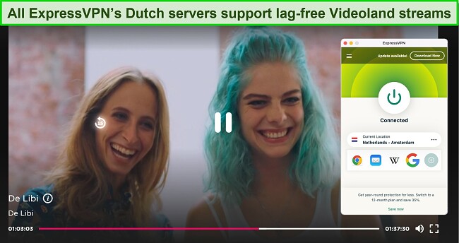 Screenshot of De Libi playing on Videoland while ExpressVPN is connected to a server in Amsterdam, Netherlands