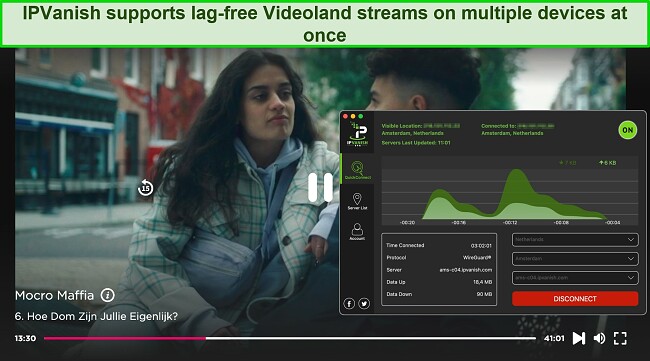 Screenshot of Mocro Maffia playing on Videoland while IPVanish is connected to a server in the Netherlands