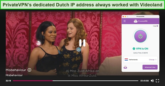 Screenshot of Misbehaviour playing on Videoland while PrivateVPN is connected to a server in the Netherlands