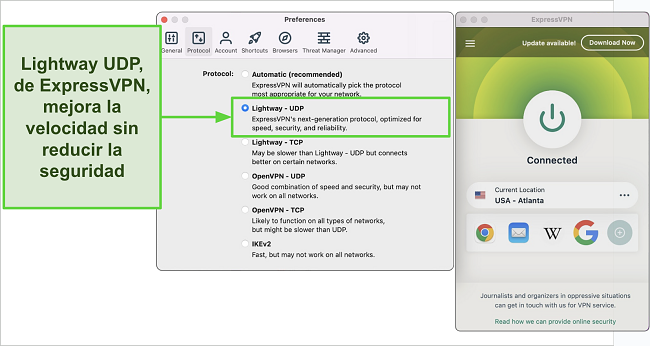 Captura de pantalla de las opciones de protocolo de ExpressVPN mostrando la selección de Lightway UDP