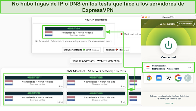 Captura de pantalla de las pruebas de fugas de IP/DNS de ExpressVPN donde ExpressVPN no reveló mi ubicación real