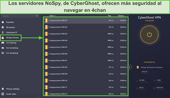 Captura de pantalla de la aplicación de CyberGhost para Windows que muestra sus servidores NoSpy
