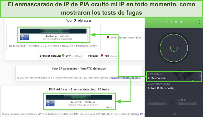 Captura de pantalla de los resultados de las pruebas de fugas de IP/DNS de PIA