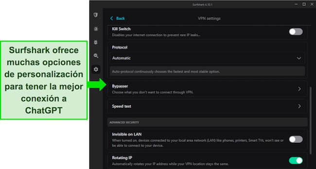 Captura de pantalla de la aplicación de Windows de Surfshark, que muestra las opciones de configuración de VPN.