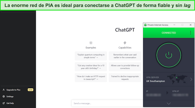Captura de pantalla de PIA conectado a un servidor del Reino Unido con ChatGPT disponible en una página web.