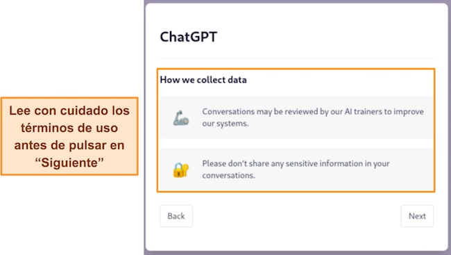 Imagen de los términos de uso de ChatGPT, que muestra al usuario cómo se recopilan los datos cuando usa el servicio.
