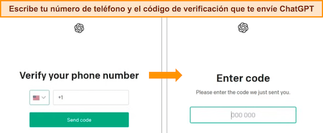 Capturas de pantalla de las pantallas de entrada de número de teléfono y verificación de código de ChatGPT.