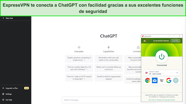 Imagen de ExpressVPN conectada a un servidor del Reino Unido, con ChatGPT abierto y disponible.