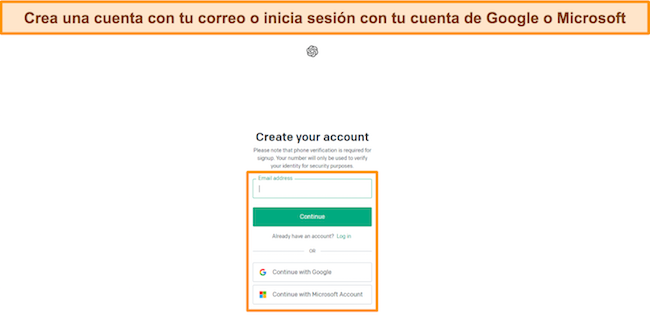 Imagen de la página de registro de una nueva cuenta de ChatGPT que muestra las opciones para crear una nueva cuenta.