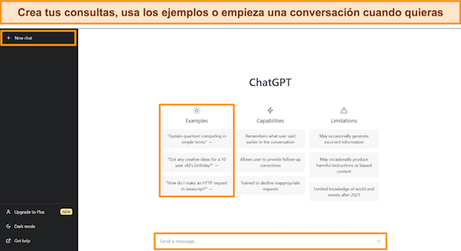 Imagen de la interfaz de ChatGPT, con Nuevo chat, ejemplos de indicaciones y cuadro de mensaje resaltado.
