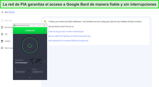 Imagen de Google Bard abierto, con PIA conectado a un servidor de Reino Unido - Southampton