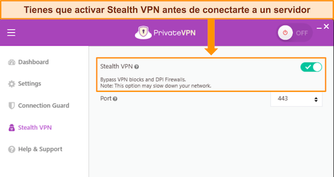 Captura de pantalla de la aplicación de Windows de PrivateVPN, que muestra la opción Stealth VPN y cómo activarla y desactivarla