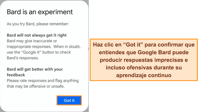 Imagen del aviso de advertencia de Google Bard de que el servicio es experimental y puede generar respuestas incorrectas u ofensivas