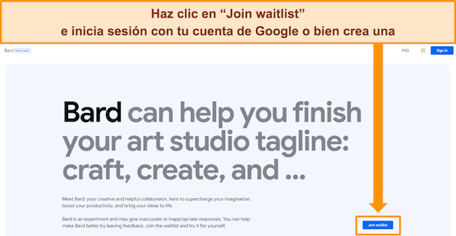 Captura de pantalla de la pantalla de registro en la lista de espera de Google Bard
