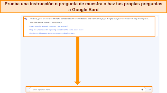 captura de pantalla de Google Bard, con indicaciones de ejemplo resaltadas, así como el cuadro 