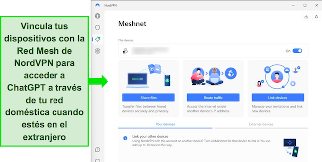 Captura de pantalla de la aplicación de Windows de NordVPN con la función Meshnet visible.