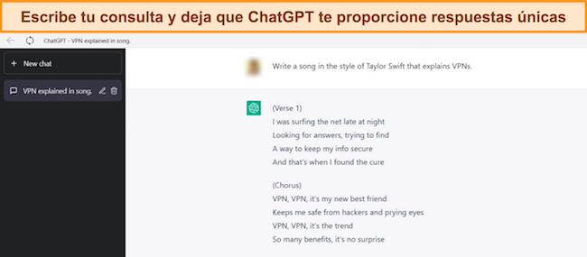 Imagen de ChatGPT respondiendo a un aviso sobre la creación de una canción al estilo de Taylor Swift describiendo las VPN.