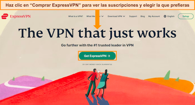 Captura de pantalla de la página web de ExpressVPN, resaltando el botón 