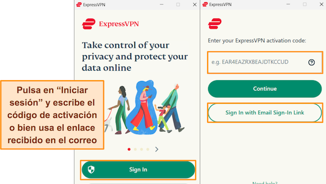 Capturas de pantalla del proceso de inicio de sesión de ExpressVPN en Windows