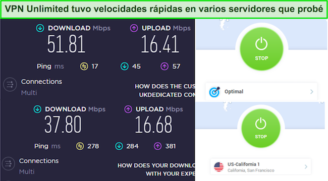 Captura de pantalla de las pruebas de velocidad de VPN Unlimited en servidores de EE. UU. y Reino Unido