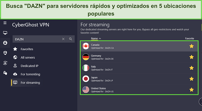 Captura de pantalla de la aplicación de CyberGhost para Windows destacando las 5 ubicaciones de servidores optimizadas para DAZN