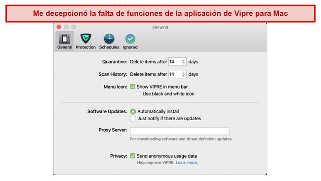 La app para Mac de Vipre es muy básica, ya que no tiene la mayoría de las funciones disponibles en la app para Windows.