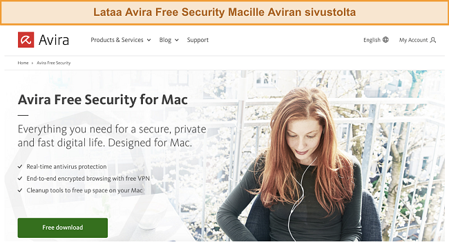 Kuvakaappaus Avira Free Security for Mac -latauspainikkeesta Aviran verkkosivustolla