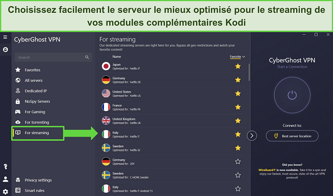 Capture d'écran de l'application Windows de CyberGhost montrant les serveurs optimisés 