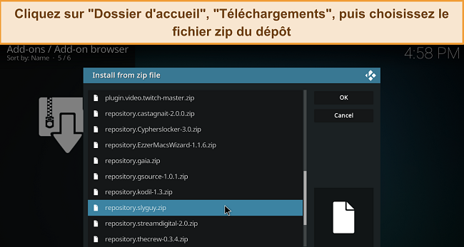 Capture d'écran du menu d'installation à partir du fichier zip de Kodi, avec un fichier zip de dépôt téléchargé mis en évidence.