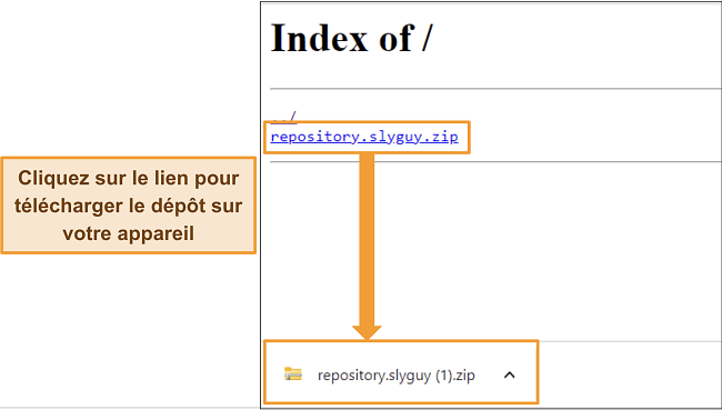 Capture d'écran du téléchargement du dépôt Slyguy en tant que fichier zip à partir de son site hôte.