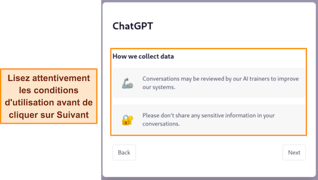 Image des conditions d'utilisation de ChatGPT, montrant à l'utilisateur comment les données sont collectées lors de l'utilisation du service.