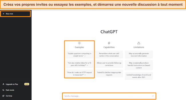 Image de l'interface de ChatGPT, avec New Chat, des exemples d'invites et une boîte de message en surbrillance.
