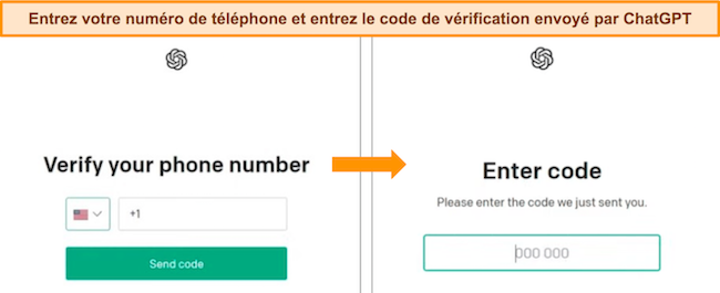 Captures d'écran des écrans de saisie du numéro de téléphone et de vérification du code de ChatGPT.
