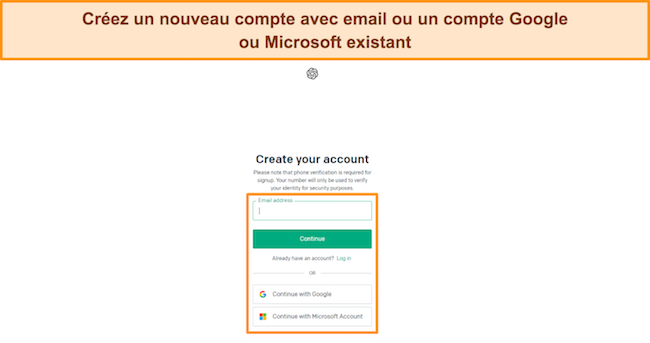 Image de la page d'inscription d'un nouveau compte ChatGPT montrant les options de création d'un nouveau compte.