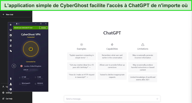 Image de CyberGhost connecté à un serveur Royaume-Uni - Londres, avec ChatGPT ouvert en arrière-plan.