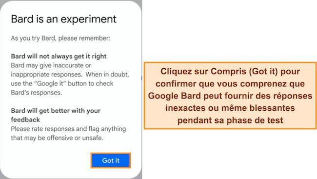 Image de l'avertissement de Google Bard indiquant que le service est expérimental et peut générer des réponses incorrectes ou offensantes