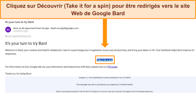 Image de l'e-mail de confirmation de Google Bard indiquant que l'utilisateur peut désormais accéder à Bard
