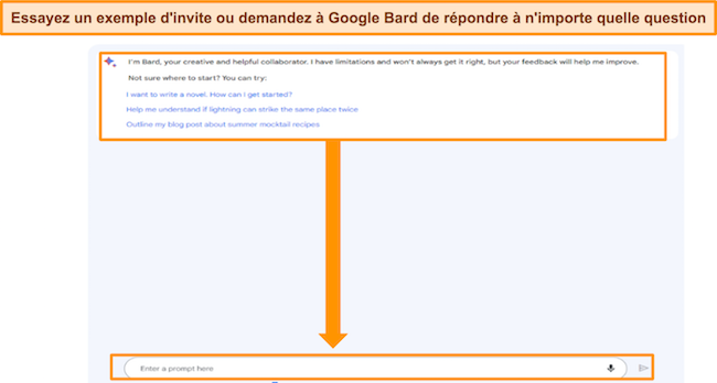 capture d'écran de Google Bard, avec des exemples d'invites en surbrillance, ainsi que la case 