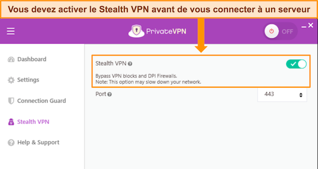 Capture d'écran de l'application Windows de PrivateVPN, montrant l'option Stealth VPN et comment l'activer et la désactiver